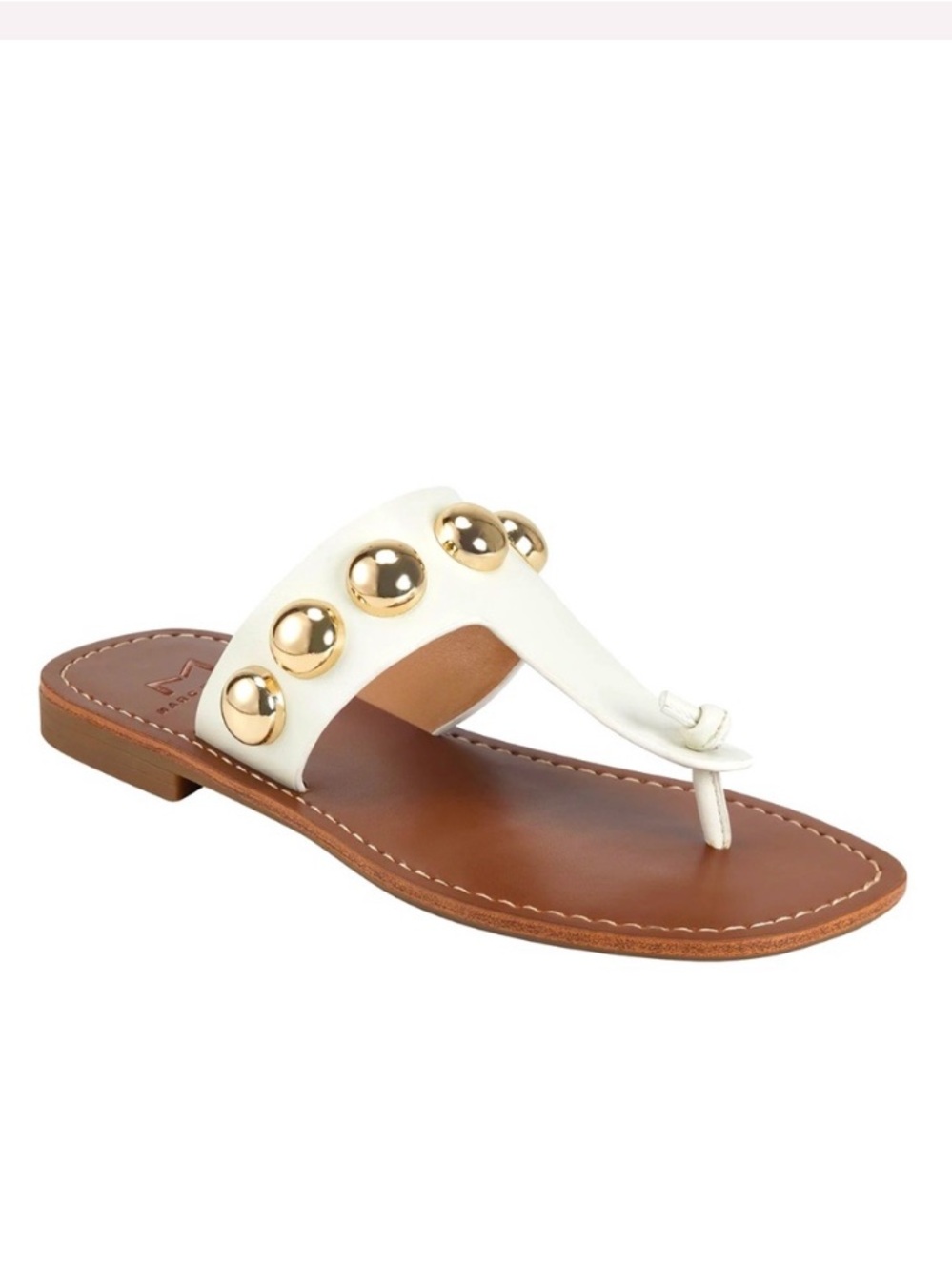 MARC FISHER Sandals Festas Gold Studded Thong Flat Genuine Leather White Size 9